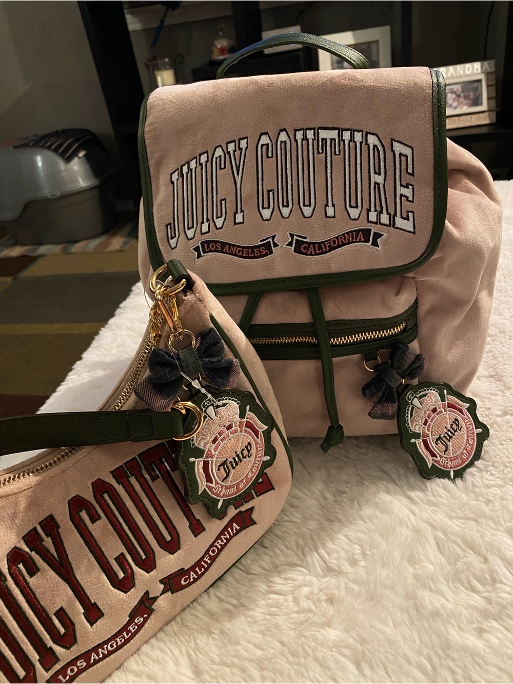 Juicy Couture Pink & Green Logo Backpack with Matching Wristlet